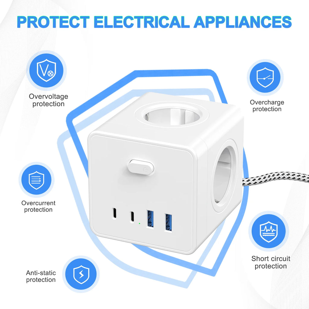 Priză Tip Cub HITRENDS 8-în-1 – Prelungitor 3m, Ștecăr Plat Ultra-Subțire, 4AC + 2USB + 2USB-C, 4000W