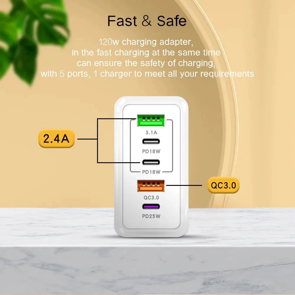 Încărcător USB cu 5 Porturi 120W – Încărcare Rapidă Type-C, Compatibil iPhone, Samsung, Xiaomi, Huawei