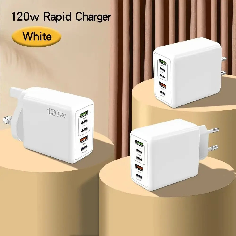 Încărcător USB cu 5 Porturi 120W – Încărcare Rapidă Type-C, Compatibil iPhone, Samsung, Xiaomi, Huawei