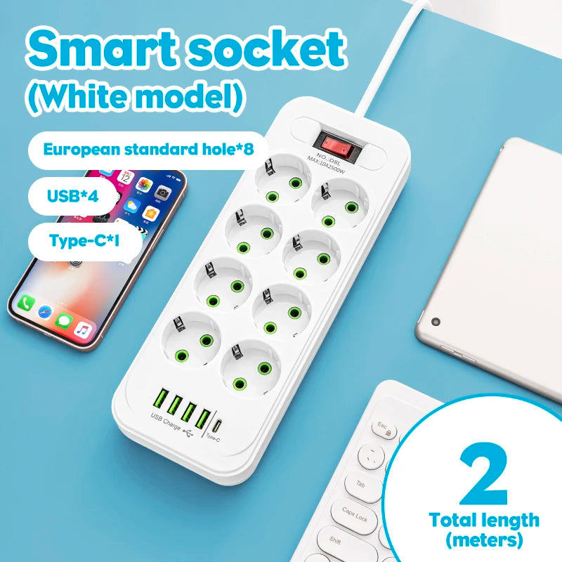 Prelungitor Priză EU – 8 Prize + 4 USB + 1 Type-C, Cablu 2M, Protecție Supratensiune