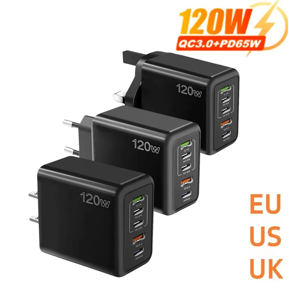 Încărcător USB cu 5 Porturi 120W – Încărcare Rapidă Type-C, Compatibil iPhone, Samsung, Xiaomi, Huawei