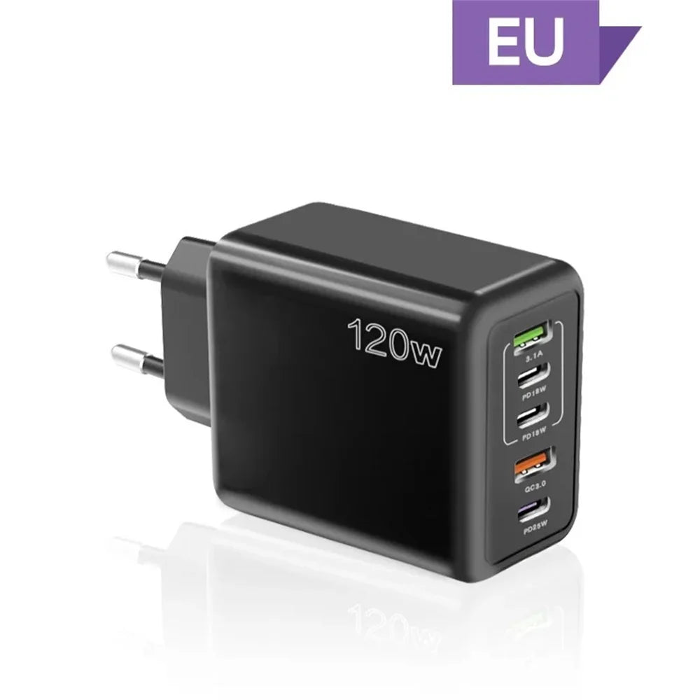 Încărcător USB cu 5 Porturi 120W – Încărcare Rapidă Type-C, Compatibil iPhone, Samsung, Xiaomi, Huawei