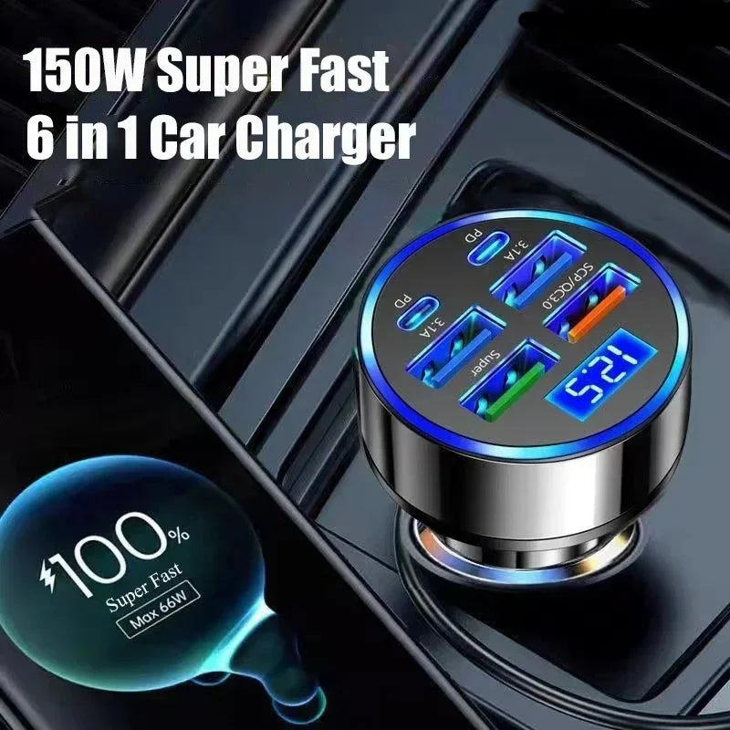 Încărcător Auto Rapid 100W – 6 Porturi (4 USB-A + 2 USB-C), GaN, Compatibil iPhone, Samsung, Huawei