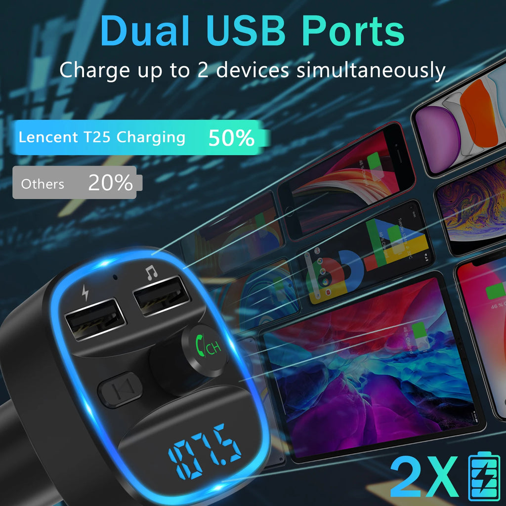 Transmițător FM Bluetooth LENCENT T25 – Wireless, Dual USB, MP3, Card TF, Kit Auto