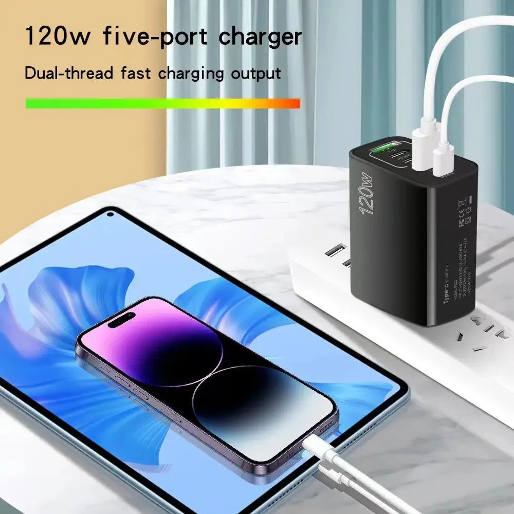 Încărcător USB cu 5 Porturi 120W – Încărcare Rapidă Type-C, Compatibil iPhone, Samsung, Xiaomi, Huawei