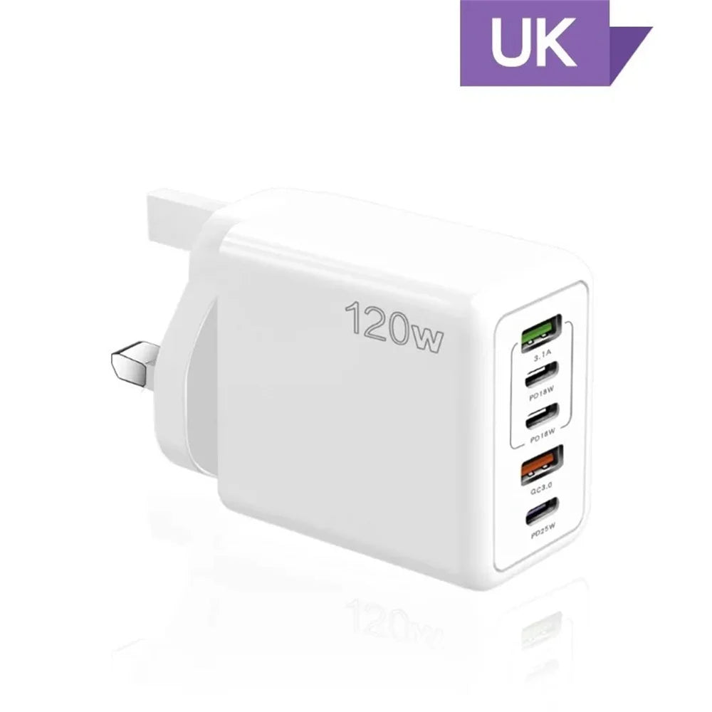 Încărcător USB cu 5 Porturi 120W – Încărcare Rapidă Type-C, Compatibil iPhone, Samsung, Xiaomi, Huawei
