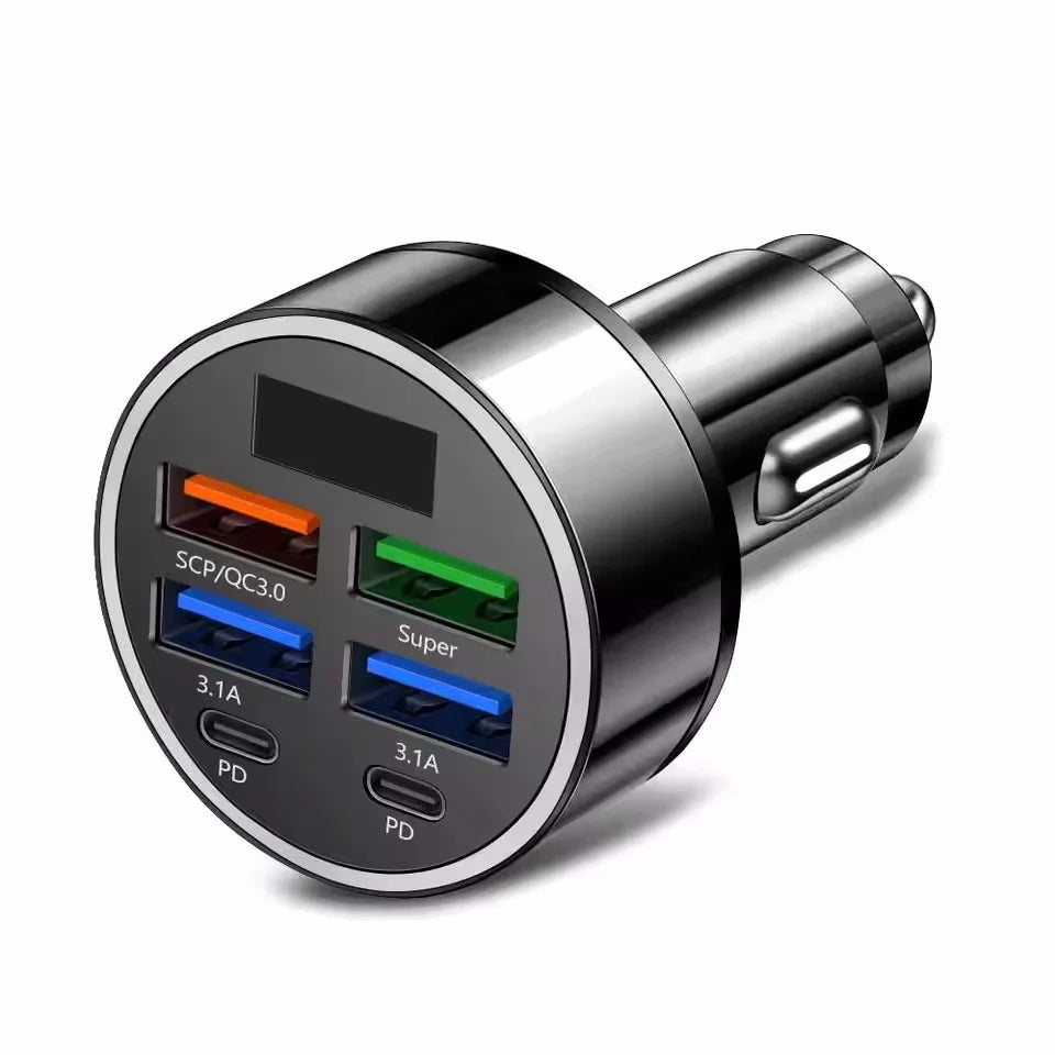 Încărcător Auto Rapid 100W – 6 Porturi (4 USB-A + 2 USB-C), GaN, Compatibil iPhone, Samsung, Huawei