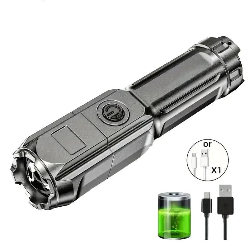 Lanternă LED Puternică Reîncărcabilă USB – Impermeabilă, Zoom, 100 Lumeni, Tactică