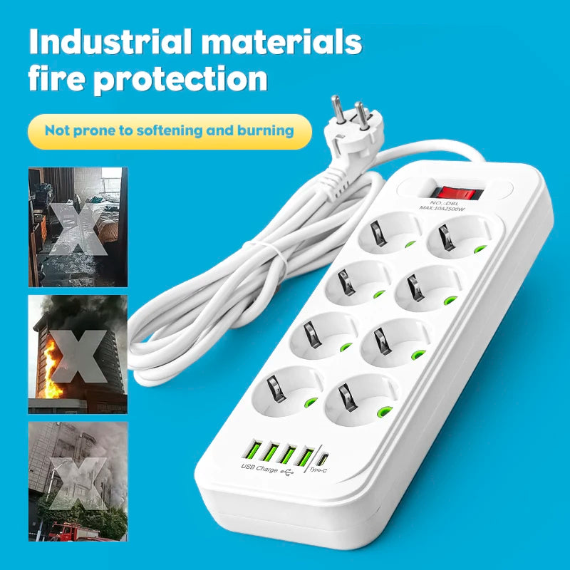 Prelungitor Priză EU – 8 Prize + 4 USB + 1 Type-C, Cablu 2M, Protecție Supratensiune