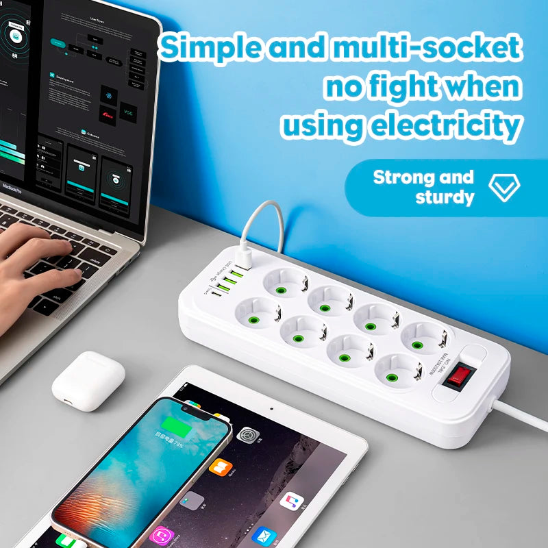 Prelungitor Priză EU – 8 Prize + 4 USB + 1 Type-C, Cablu 2M, Protecție Supratensiune