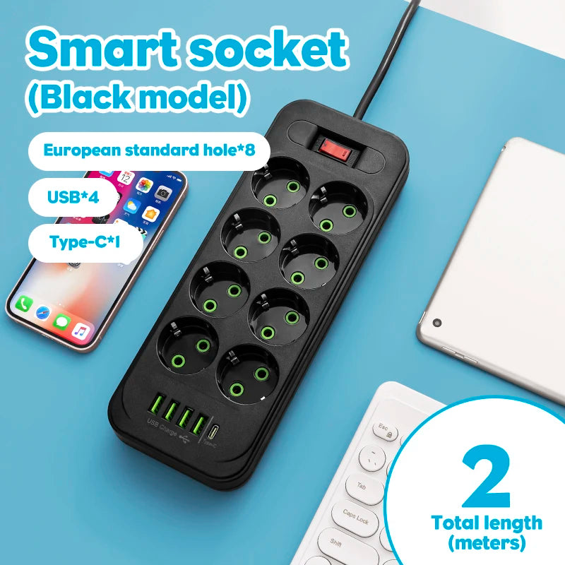 Prelungitor Priză EU – 8 Prize + 4 USB + 1 Type-C, Cablu 2M, Protecție Supratensiune