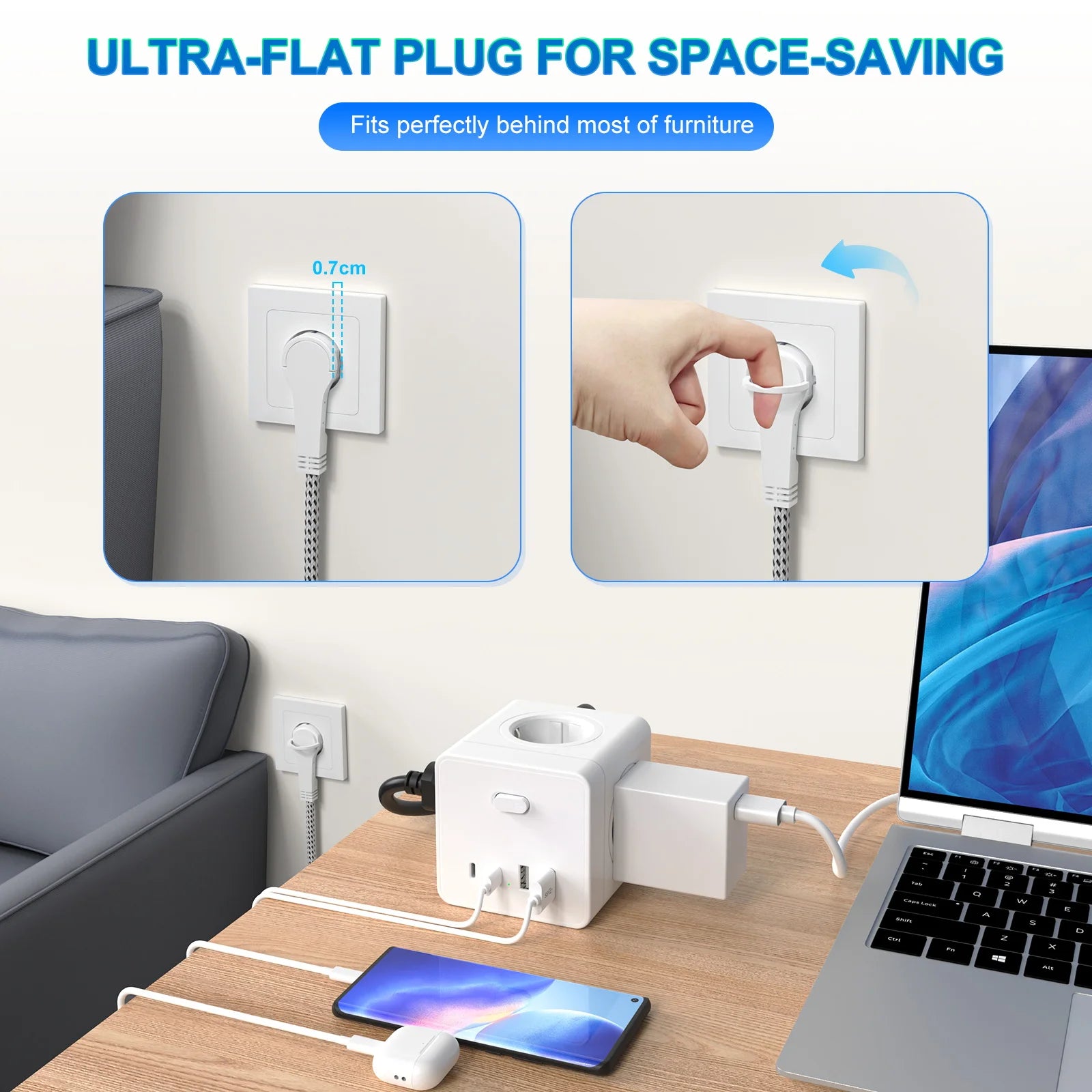 Priză Tip Cub HITRENDS 8-în-1 – Prelungitor 3m, Ștecăr Plat Ultra-Subțire, 4AC + 2USB + 2USB-C, 4000W