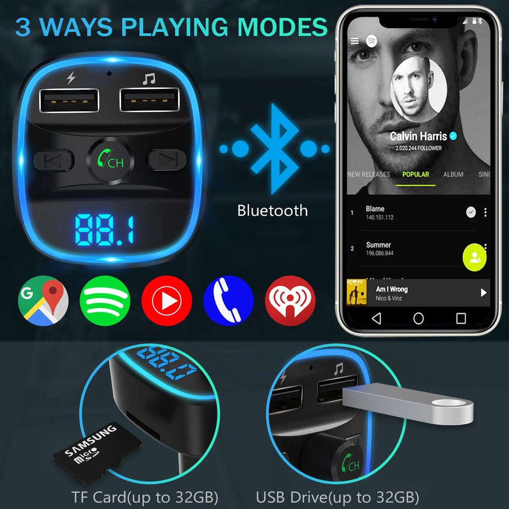 Transmițător FM Bluetooth LENCENT T25 – Wireless, Dual USB, MP3, Card TF, Kit Auto