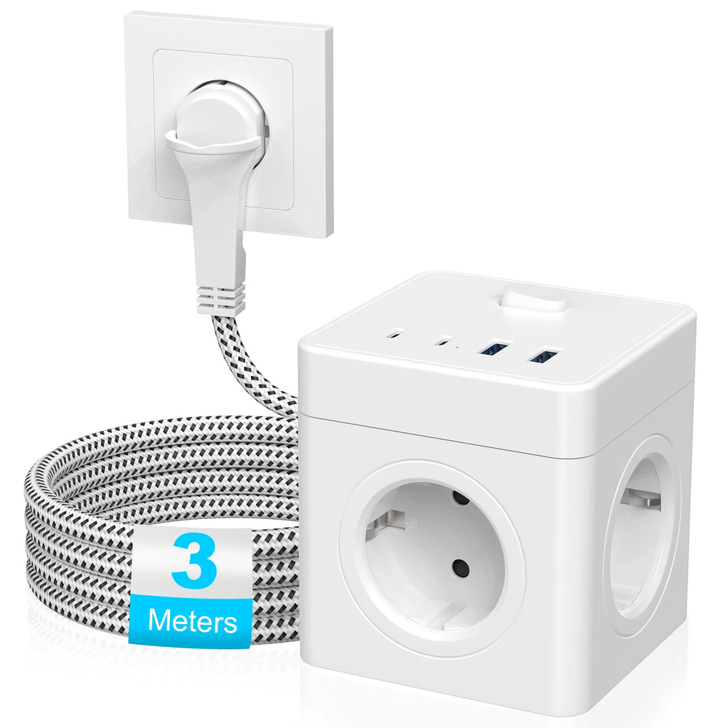 Priză Tip Cub HITRENDS 8-în-1 – Prelungitor 3m, Ștecăr Plat Ultra-Subțire, 4AC + 2USB + 2USB-C, 4000W