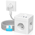 Priză Tip Cub HITRENDS 8-în-1 – Prelungitor 3m, Ștecăr Plat Ultra-Subțire, 4AC + 2USB + 2USB-C, 4000W