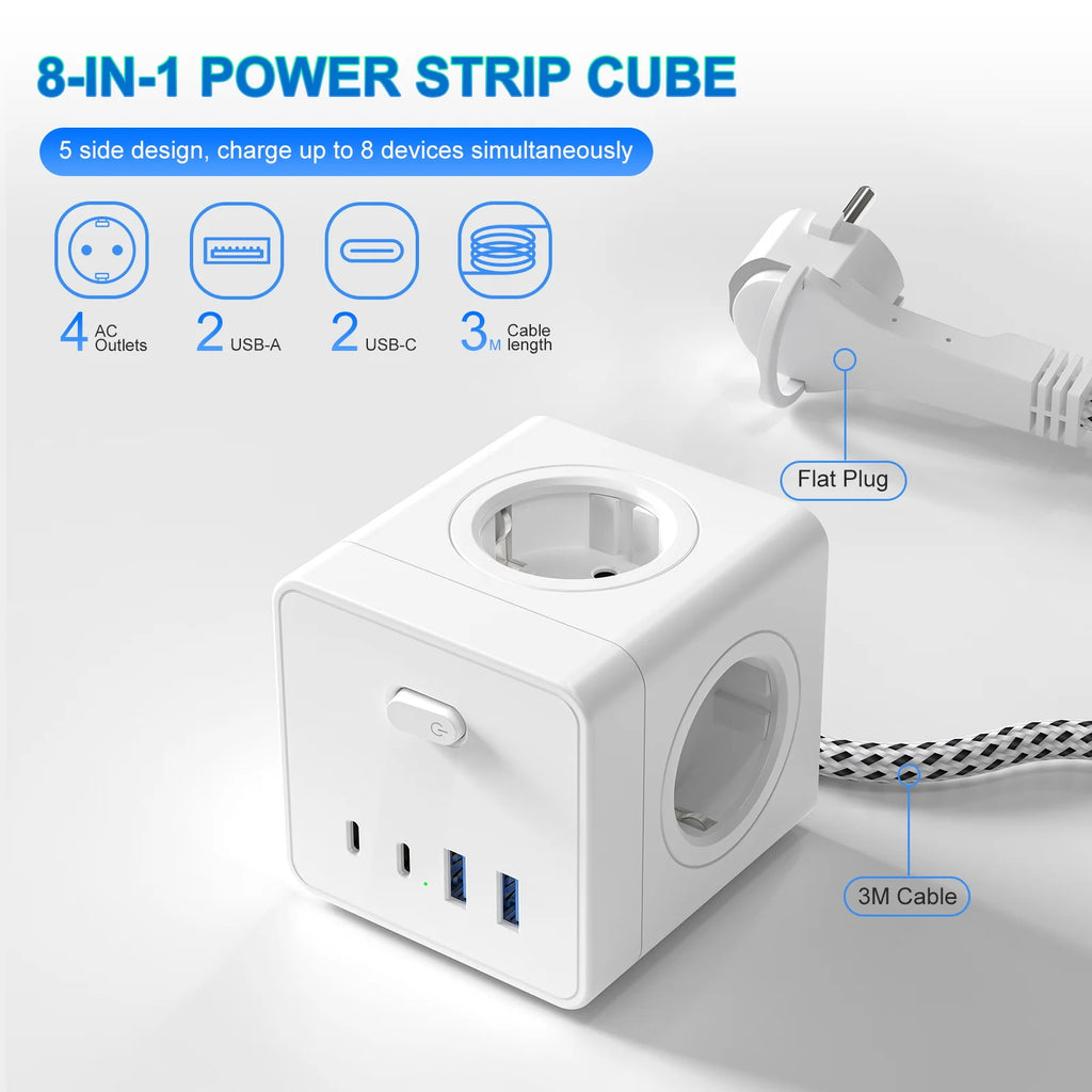 Priză Tip Cub HITRENDS 8-în-1 – Prelungitor 3m, Ștecăr Plat Ultra-Subțire, 4AC + 2USB + 2USB-C, 4000W