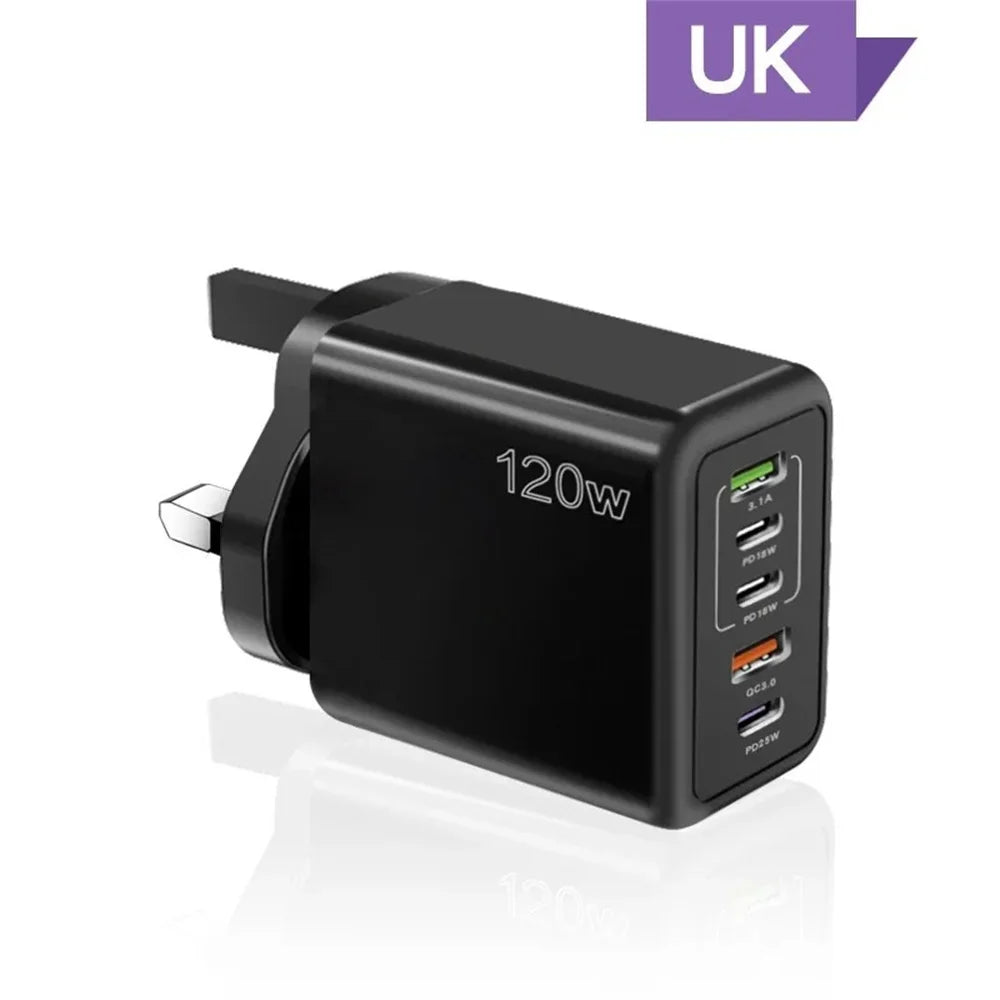 Încărcător USB cu 5 Porturi 120W – Încărcare Rapidă Type-C, Compatibil iPhone, Samsung, Xiaomi, Huawei