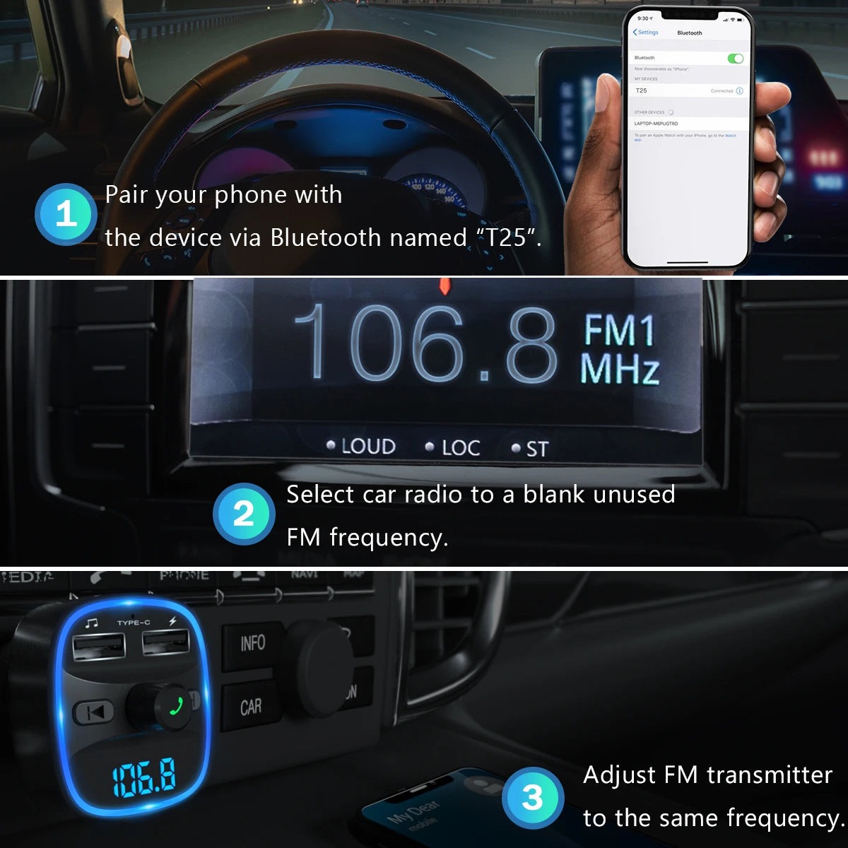 Transmițător FM Bluetooth LENCENT T25 – Wireless, Dual USB, MP3, Card TF, Kit Auto