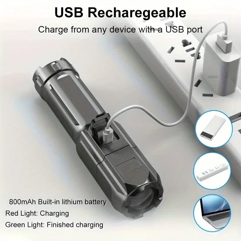 Lanternă LED Puternică Reîncărcabilă USB – Impermeabilă, Zoom, 100 Lumeni, Tactică