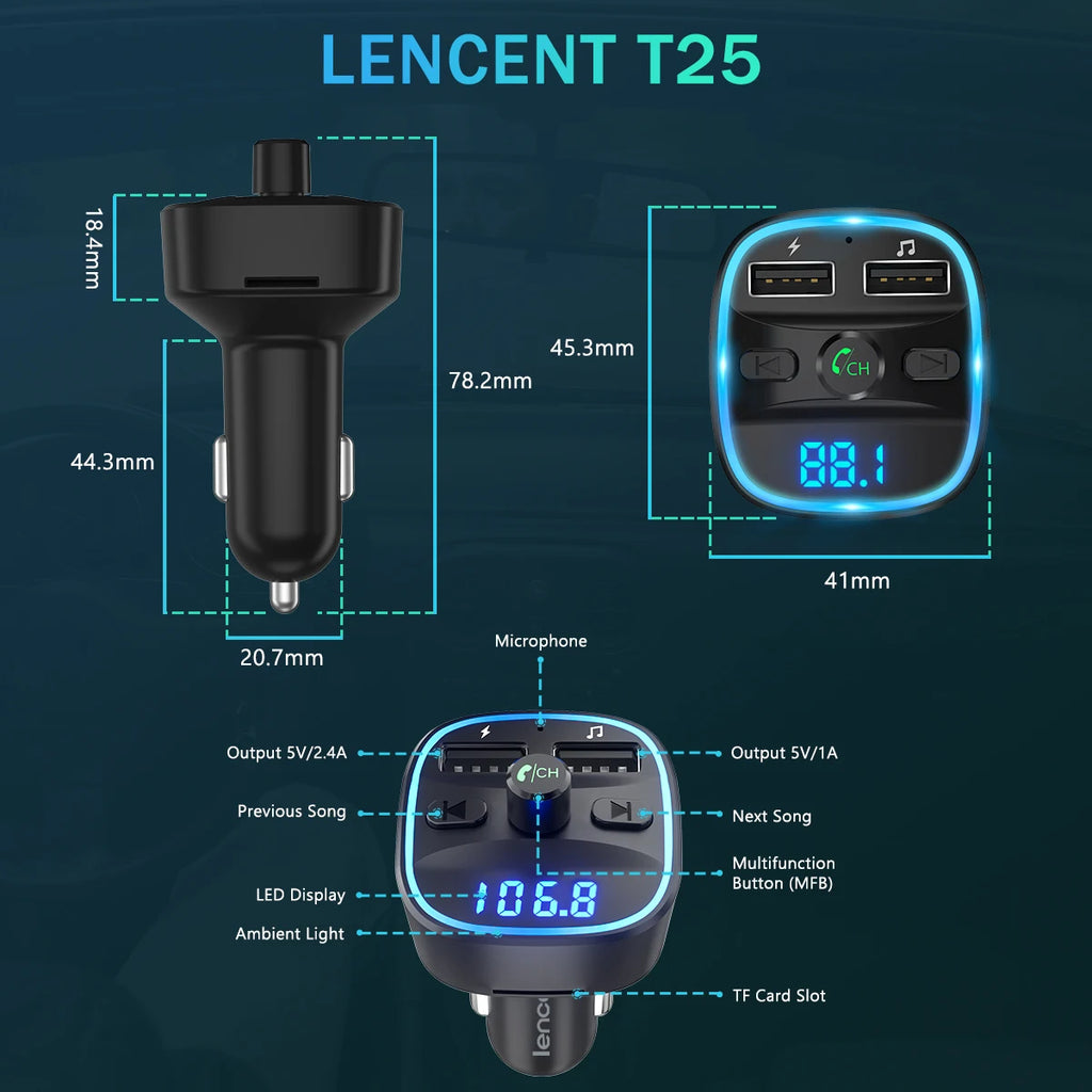 Transmițător FM Bluetooth LENCENT T25 – Wireless, Dual USB, MP3, Card TF, Kit Auto