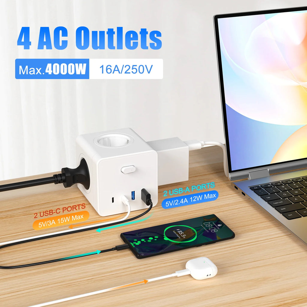 Priză Tip Cub HITRENDS 8-în-1 – Prelungitor 3m, Ștecăr Plat Ultra-Subțire, 4AC + 2USB + 2USB-C, 4000W