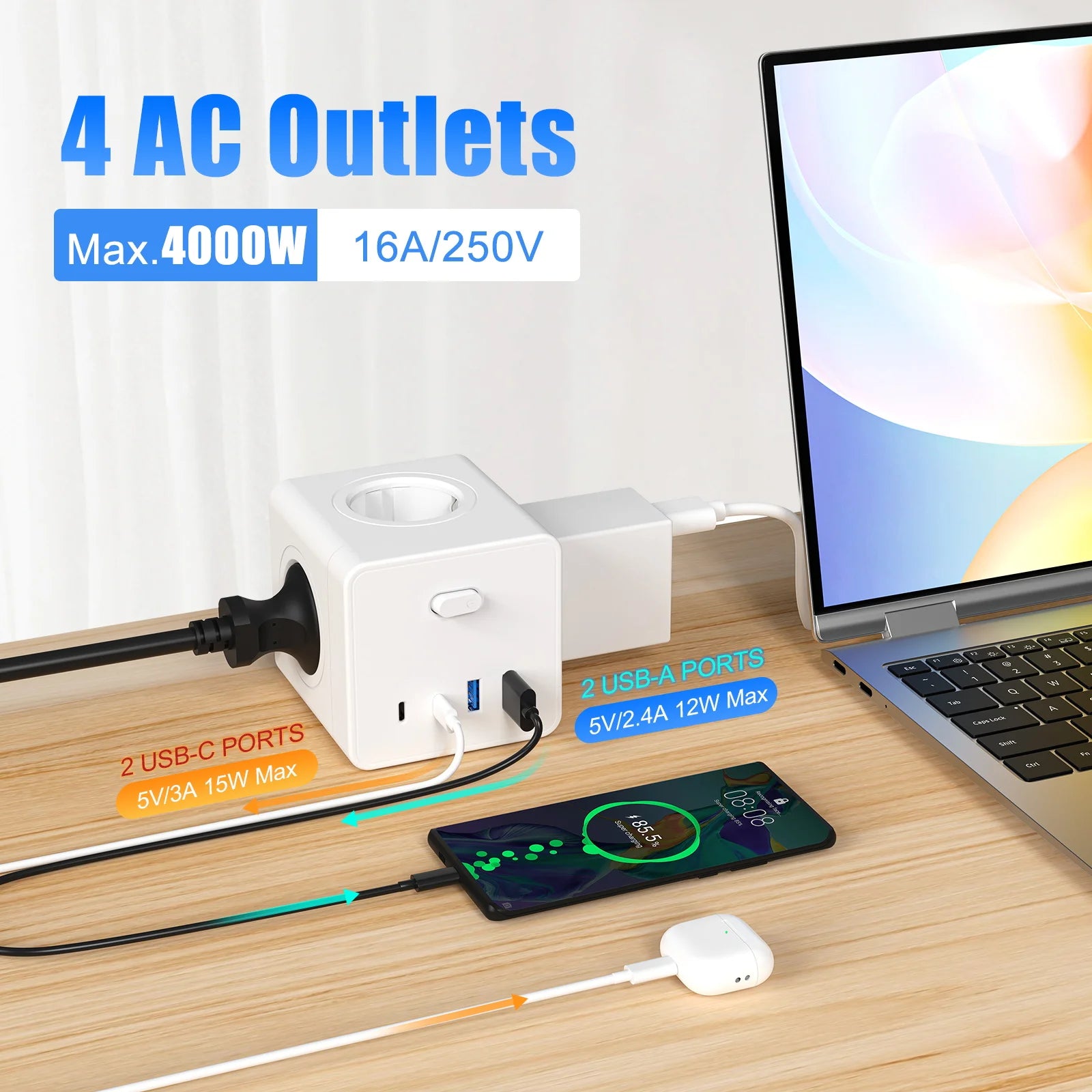 Priză Tip Cub HITRENDS 8-în-1 – Prelungitor 3m, Ștecăr Plat Ultra-Subțire, 4AC + 2USB + 2USB-C, 4000W