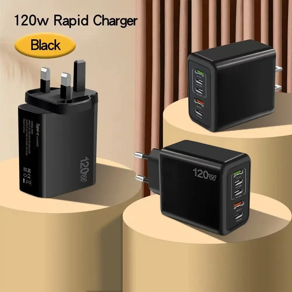 Încărcător USB cu 5 Porturi 120W – Încărcare Rapidă Type-C, Compatibil iPhone, Samsung, Xiaomi, Huawei