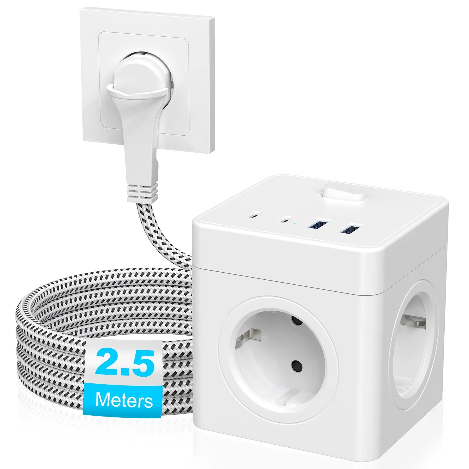 Priză Tip Cub HITRENDS 8-în-1 – Prelungitor 3m, Ștecăr Plat Ultra-Subțire, 4AC + 2USB + 2USB-C, 4000W