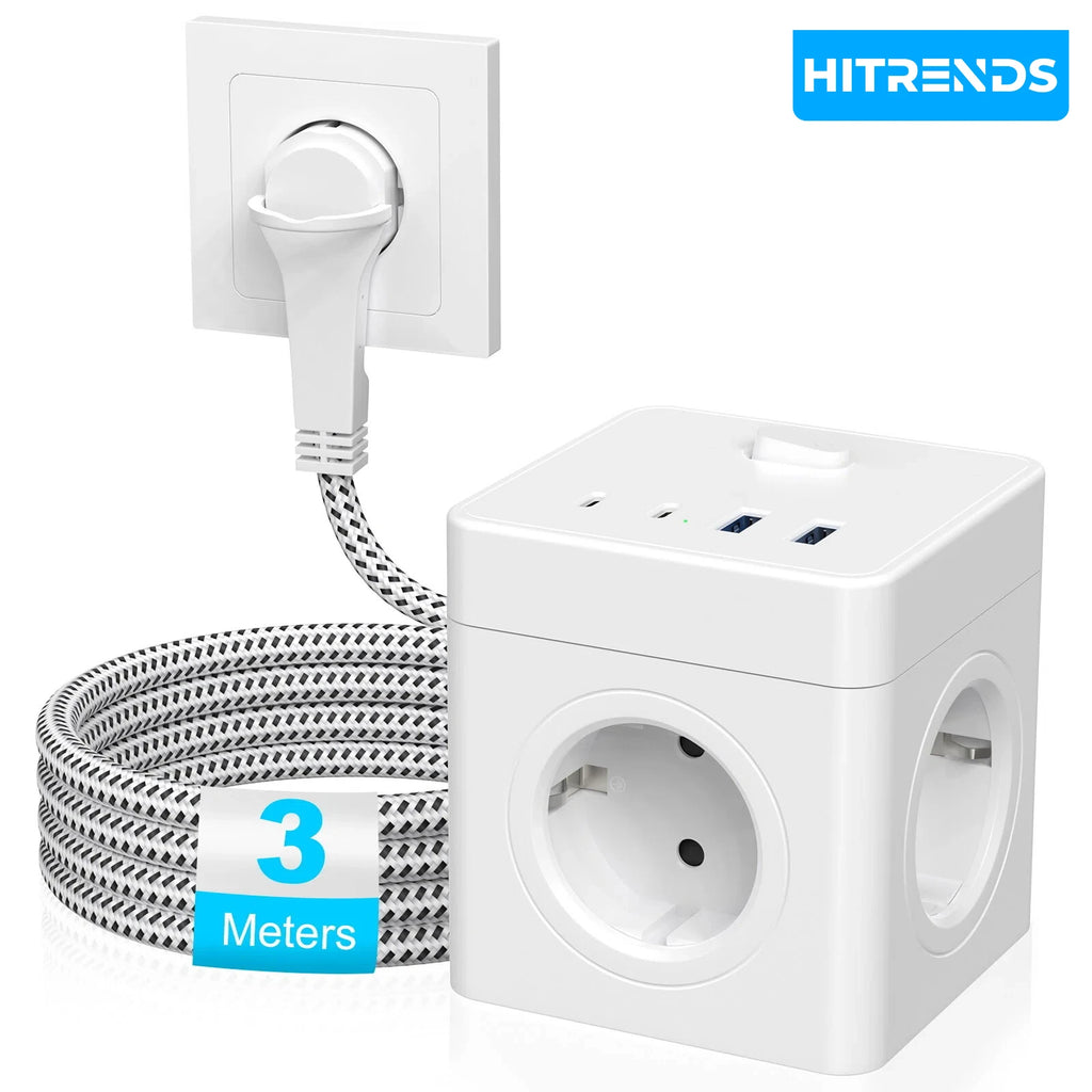 Priză Tip Cub HITRENDS 8-în-1 – Prelungitor 3m, Ștecăr Plat Ultra-Subțire, 4AC + 2USB + 2USB-C, 4000W