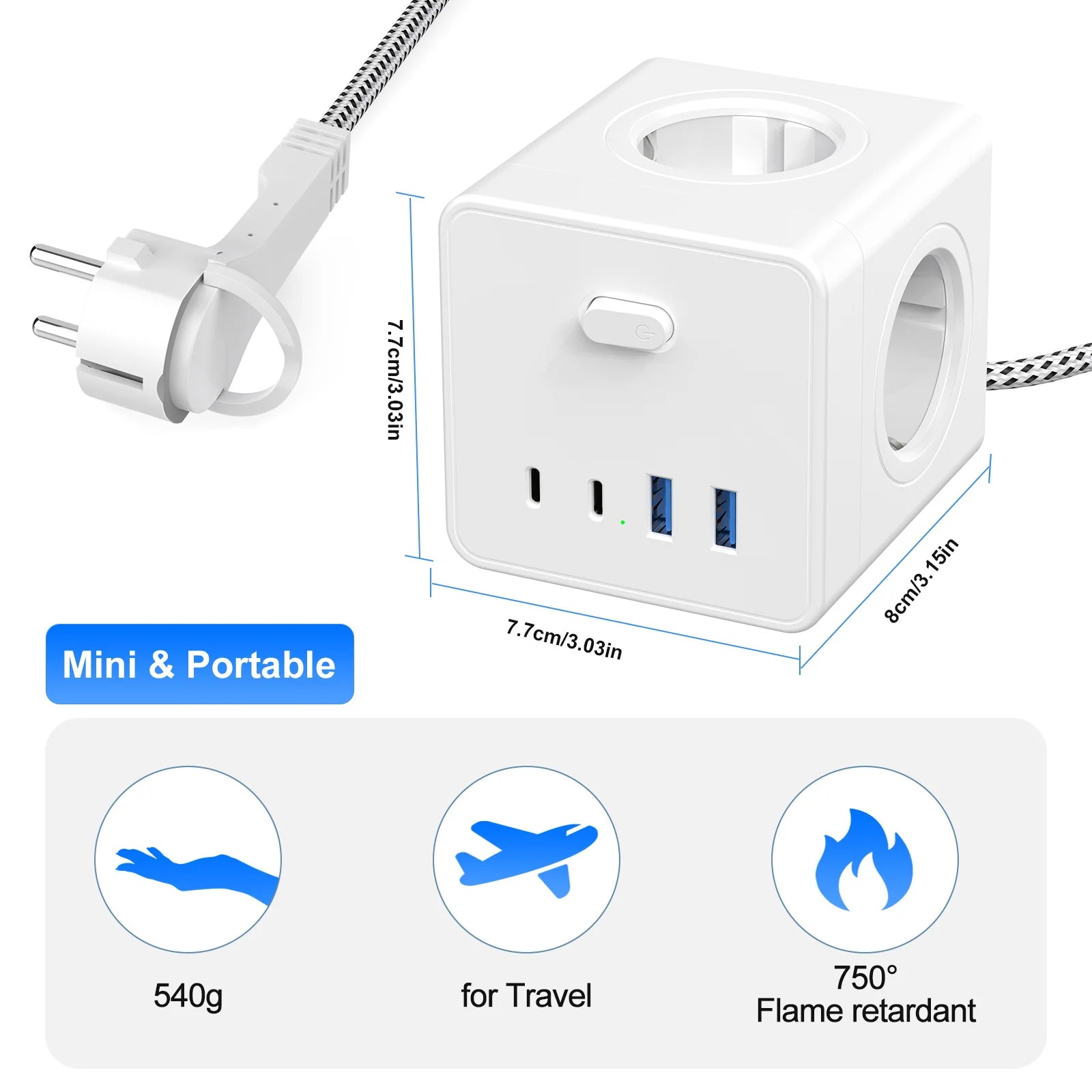 Priză Tip Cub HITRENDS 8-în-1 – Prelungitor 3m, Ștecăr Plat Ultra-Subțire, 4AC + 2USB + 2USB-C, 4000W