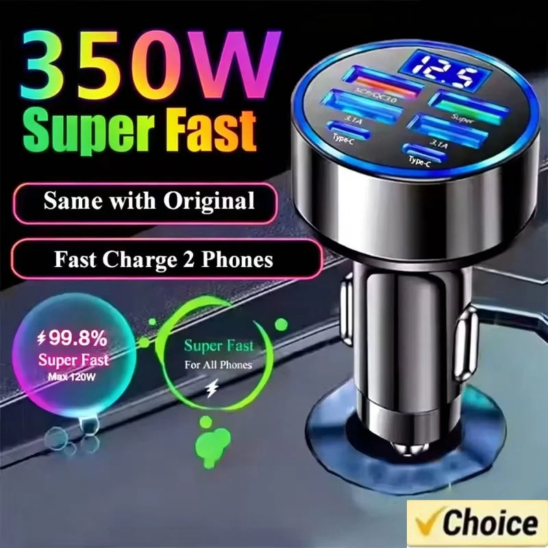Încărcător Auto Rapid 100W – 6 Porturi (4 USB-A + 2 USB-C), GaN, Compatibil iPhone, Samsung, Huawei